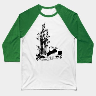 The Friendly Panda and Little Birds | Black Monochrome Baseball T-Shirt